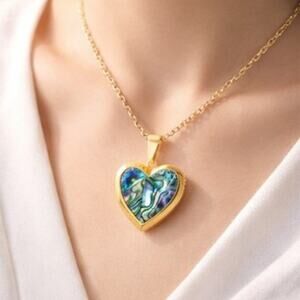 Ornate Gold Tone Heart locket Necklace Abalone Shell Valentines Birthday Gift
